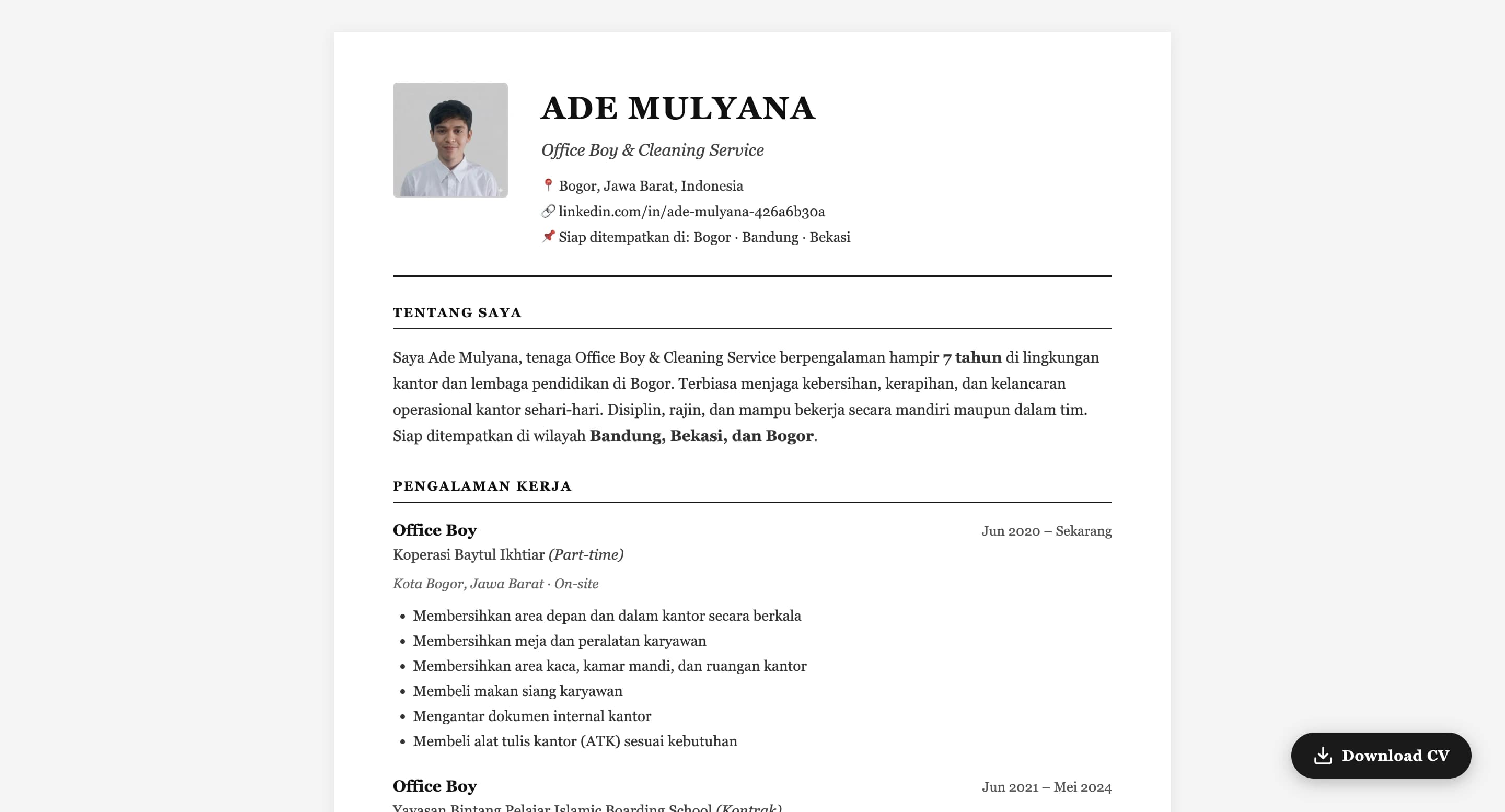 Ade Mulyana — Personal Branding & ATS-Ready CV website by Vito Atmo